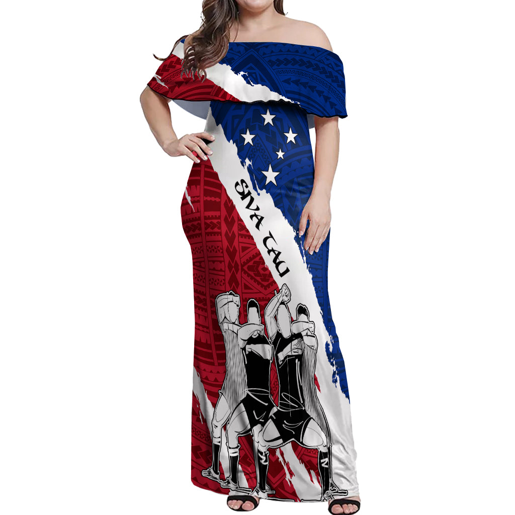 Samoa Rugby Off Shoulder Maxi Dress Siva Tau Dance Polynesian Tattoo Brush Style LT03 Women Red - Polynesian Pride