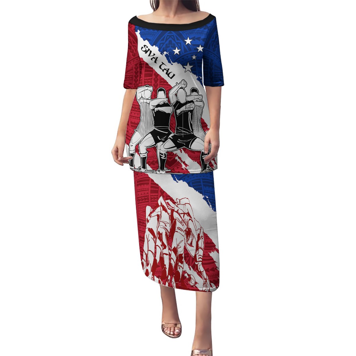 Custom Samoa Rugby Puletasi Siva Tau Dance Polynesian Tattoo Brush Style LT03 Long Dress Red - Polynesian Pride