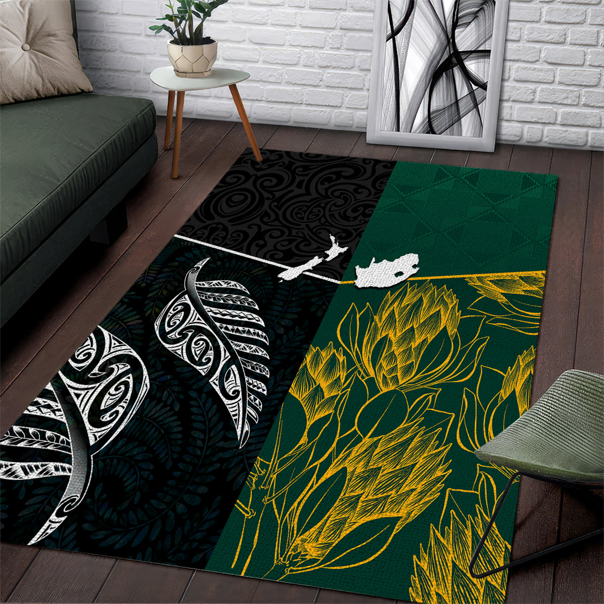 South Africa and New Zealand Area Rug King Protea and Silver Fern Mix Culture Pattern LT03 Black - Polynesian Pride