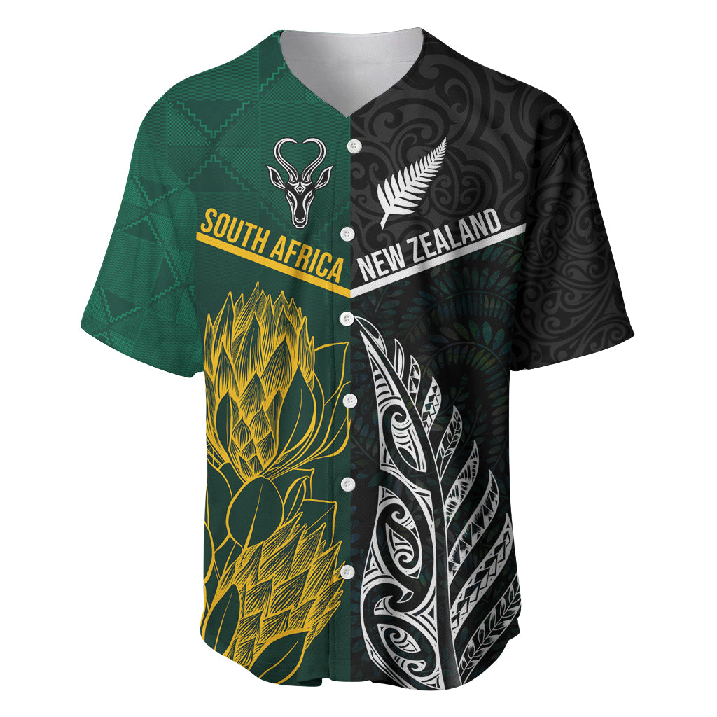 South Africa and New Zealand Baseball Jersey King Protea and Silver Fern Mix Culture Pattern LT03 Black - Polynesian Pride