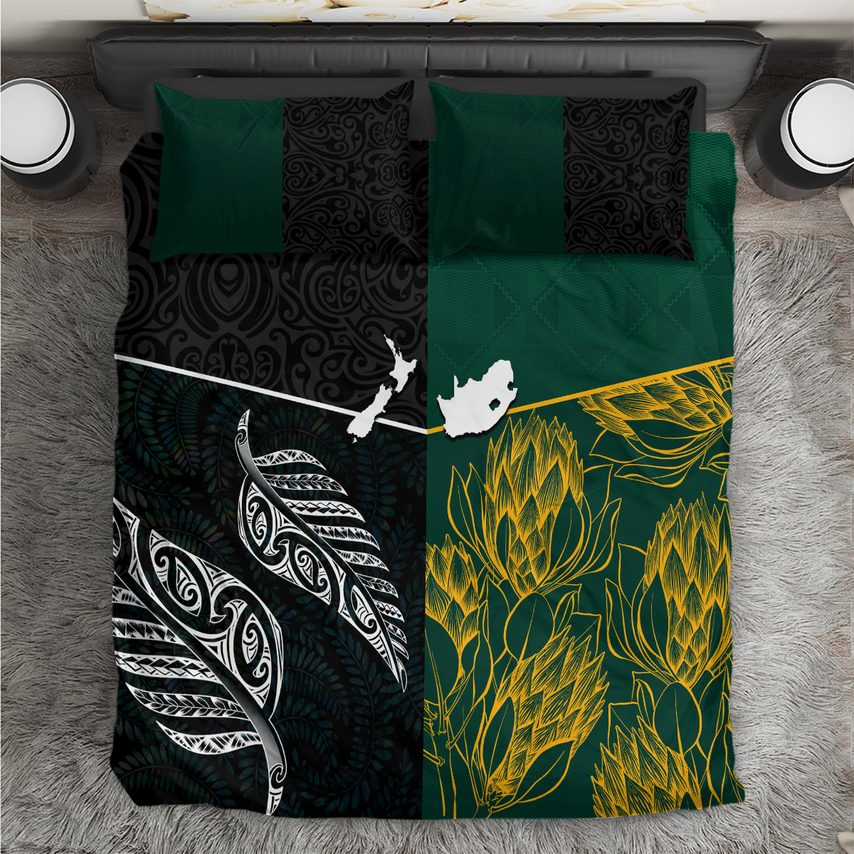 South Africa and New Zealand Bedding Set King Protea and Silver Fern Mix Culture Pattern LT03 Black - Polynesian Pride