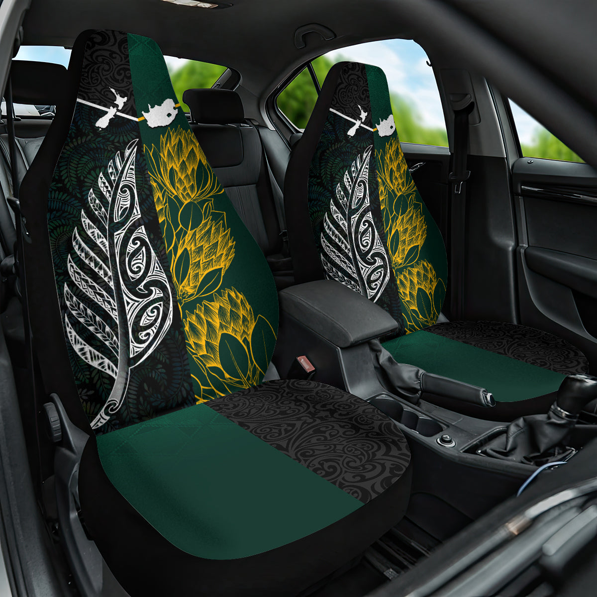 South Africa and New Zealand Car Seat Cover King Protea and Silver Fern Mix Culture Pattern LT03 One Size Black - Polynesian Pride