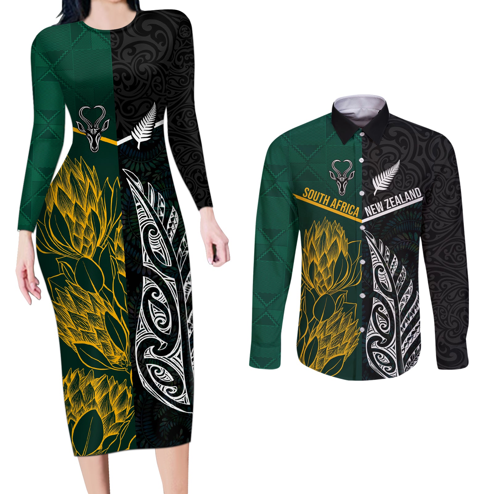 South Africa and New Zealand Couples Matching Long Sleeve Bodycon Dress and Long Sleeve Button Shirt King Protea and Silver Fern Mix Culture Pattern LT03 Black - Polynesian Pride