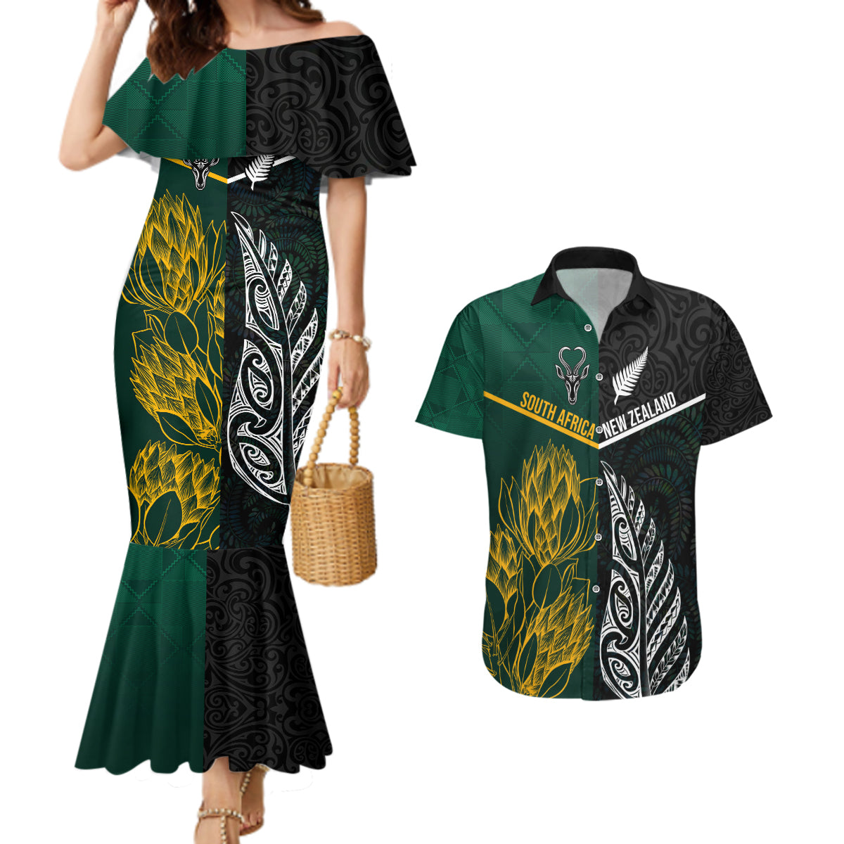 South Africa and New Zealand Couples Matching Mermaid Dress and Hawaiian Shirt King Protea and Silver Fern Mix Culture Pattern LT03 Black - Polynesian Pride