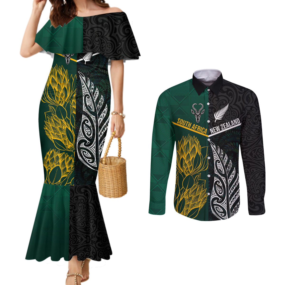 South Africa and New Zealand Couples Matching Mermaid Dress and Long Sleeve Button Shirt King Protea and Silver Fern Mix Culture Pattern LT03 Black - Polynesian Pride