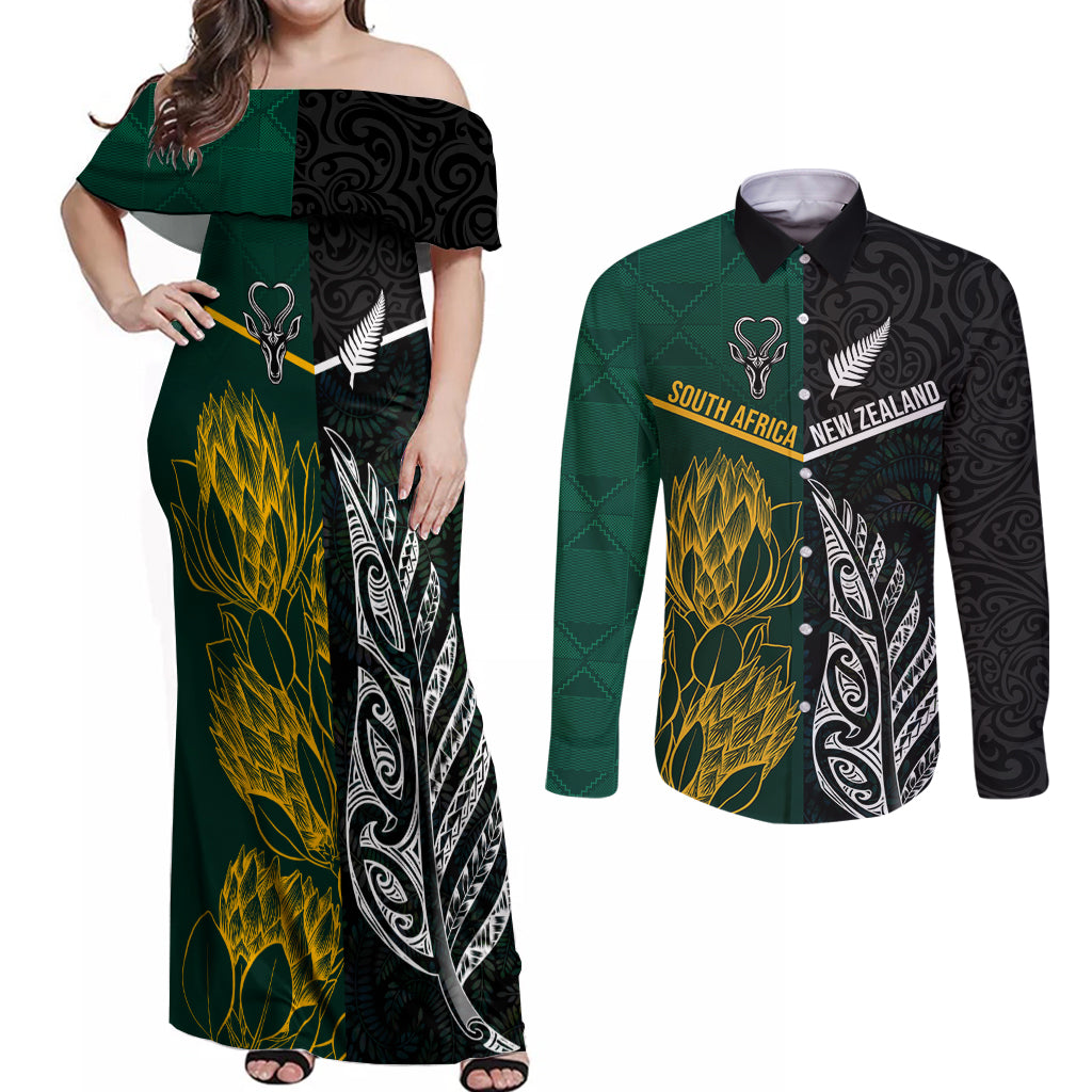 South Africa and New Zealand Couples Matching Off Shoulder Maxi Dress and Long Sleeve Button Shirt King Protea and Silver Fern Mix Culture Pattern LT03 Black - Polynesian Pride