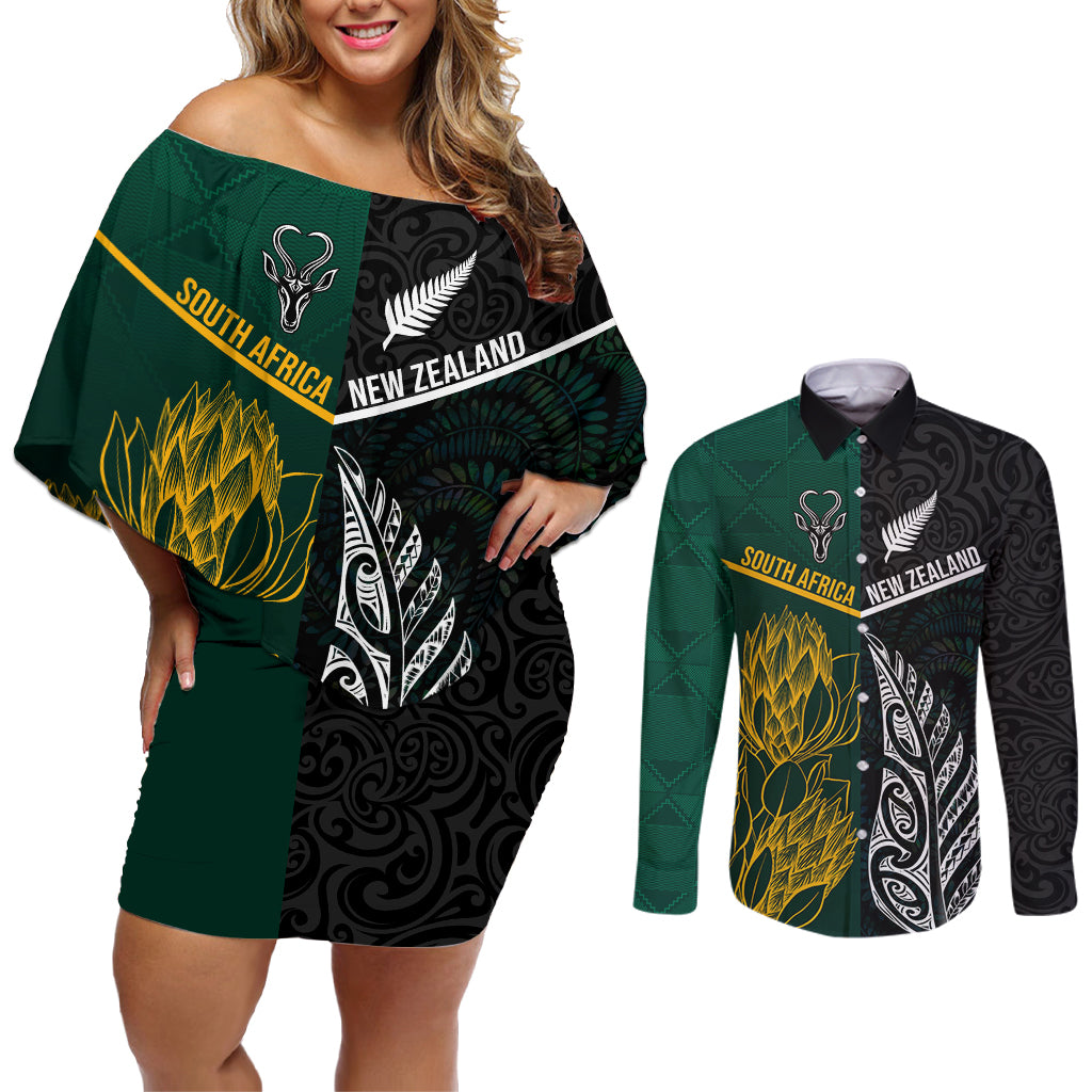 South Africa and New Zealand Couples Matching Off Shoulder Short Dress and Long Sleeve Button Shirt King Protea and Silver Fern Mix Culture Pattern LT03 Black - Polynesian Pride