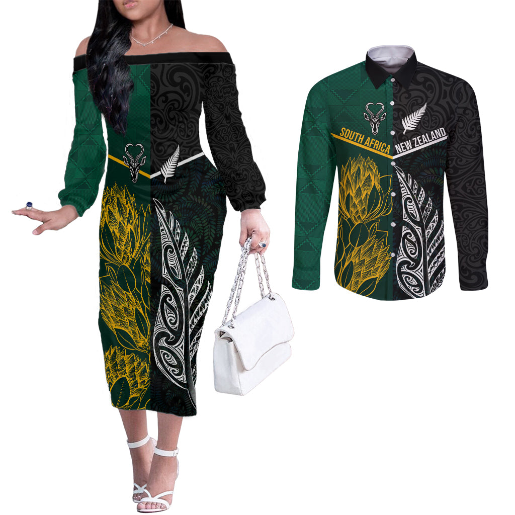 South Africa and New Zealand Couples Matching Off The Shoulder Long Sleeve Dress and Long Sleeve Button Shirt King Protea and Silver Fern Mix Culture Pattern LT03 Black - Polynesian Pride