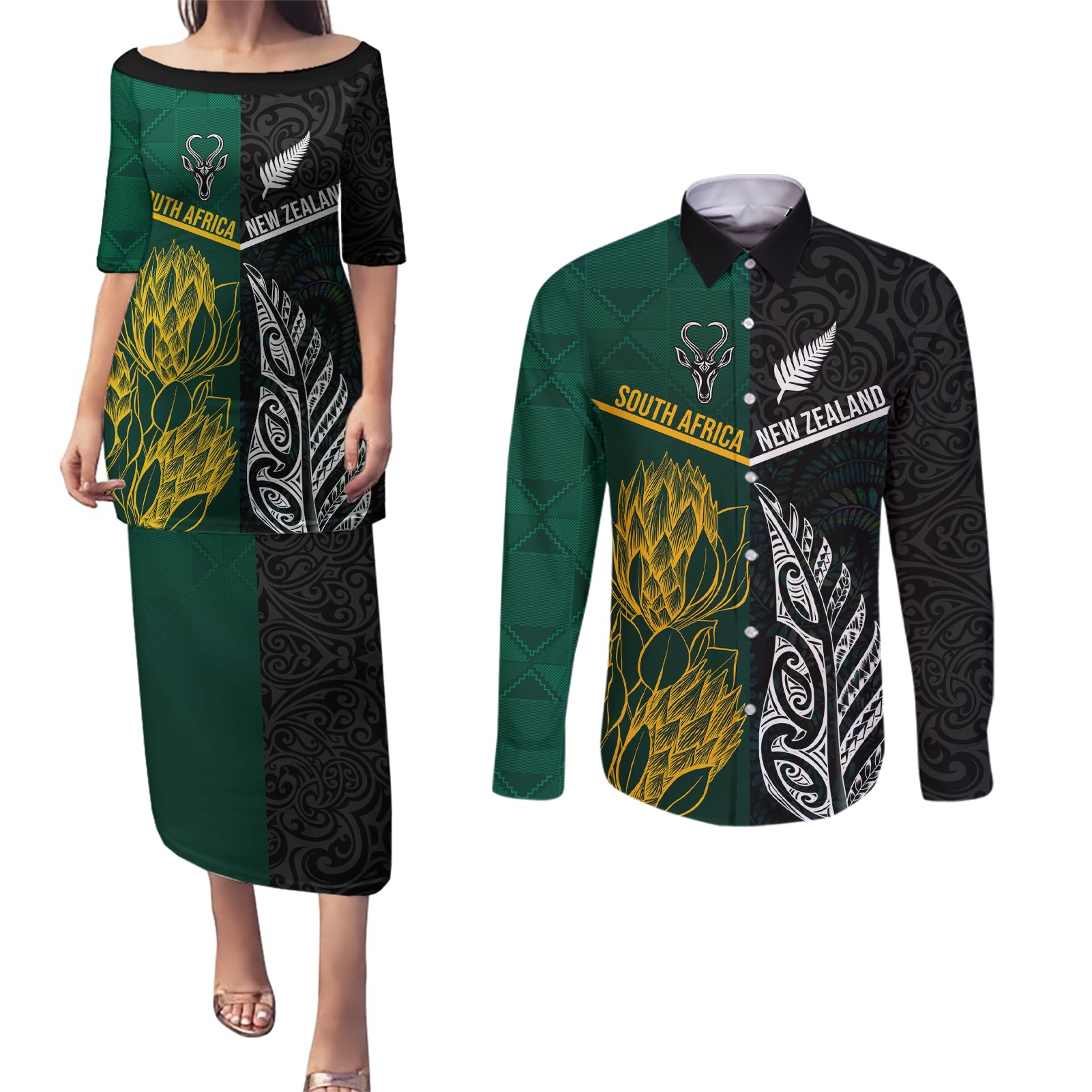 South Africa and New Zealand Couples Matching Puletasi Dress and Long Sleeve Button Shirt King Protea and Silver Fern Mix Culture Pattern LT03 Black - Polynesian Pride