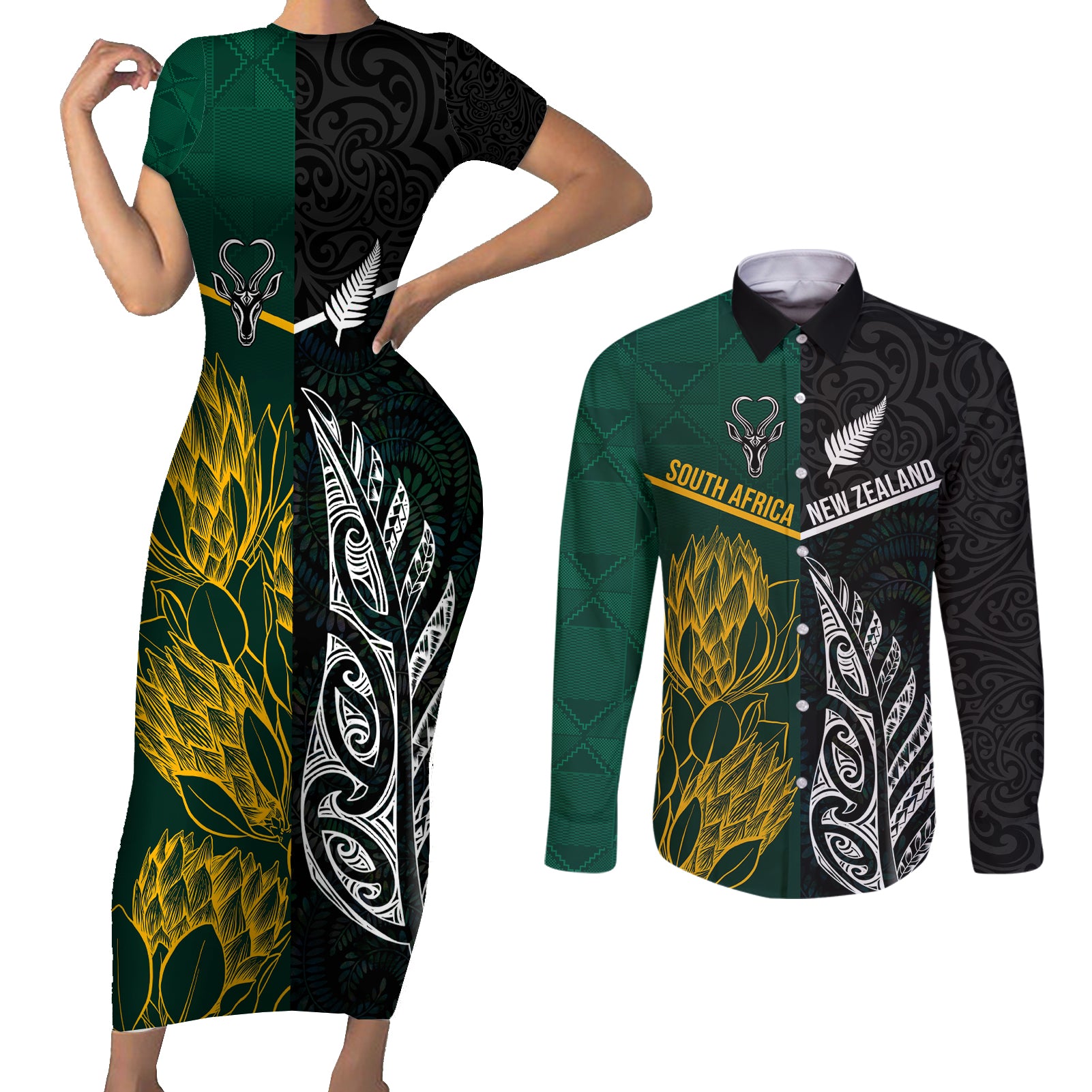 South Africa and New Zealand Couples Matching Short Sleeve Bodycon Dress and Long Sleeve Button Shirt King Protea and Silver Fern Mix Culture Pattern LT03 Black - Polynesian Pride