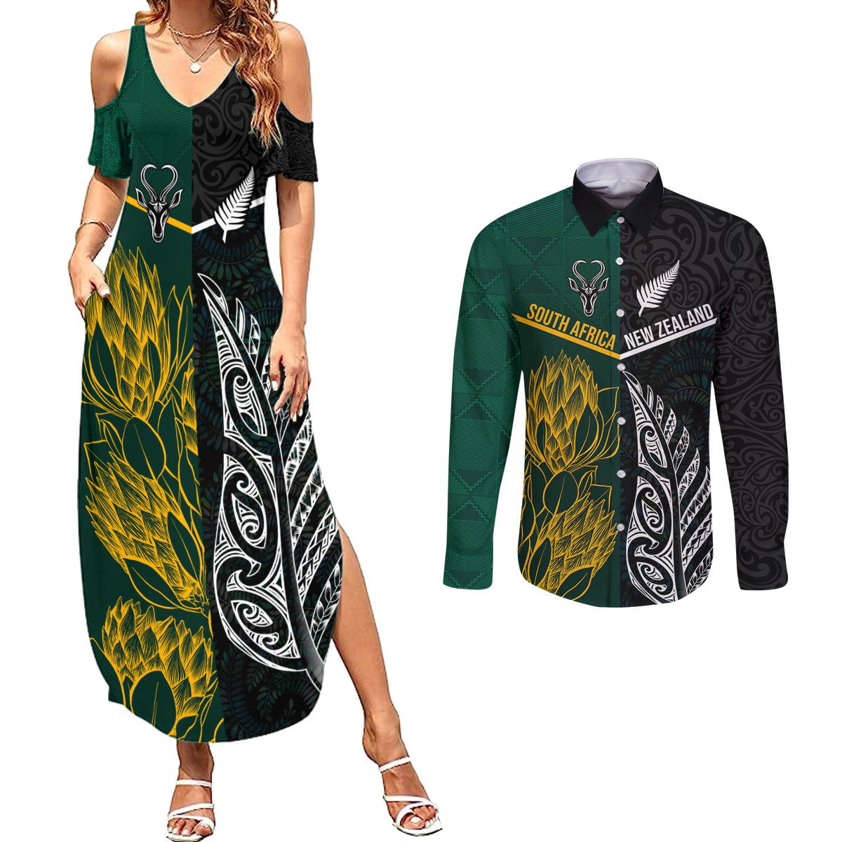 South Africa and New Zealand Couples Matching Summer Maxi Dress and Long Sleeve Button Shirt King Protea and Silver Fern Mix Culture Pattern LT03 Black - Polynesian Pride