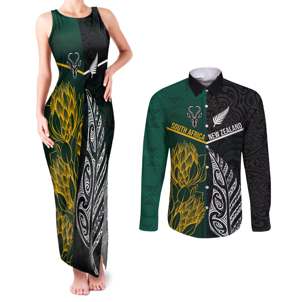 South Africa and New Zealand Couples Matching Tank Maxi Dress and Long Sleeve Button Shirt King Protea and Silver Fern Mix Culture Pattern LT03 Black - Polynesian Pride