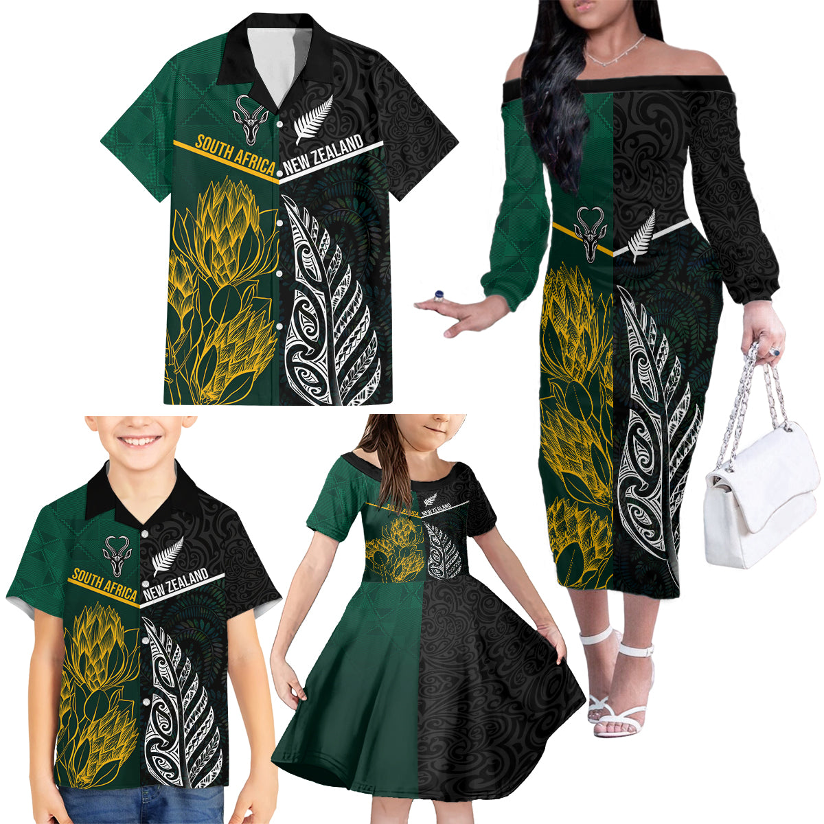 South Africa and New Zealand Family Matching Off Shoulder Long Sleeve Dress and Hawaiian Shirt King Protea and Silver Fern Mix Culture Pattern LT03 - Polynesian Pride