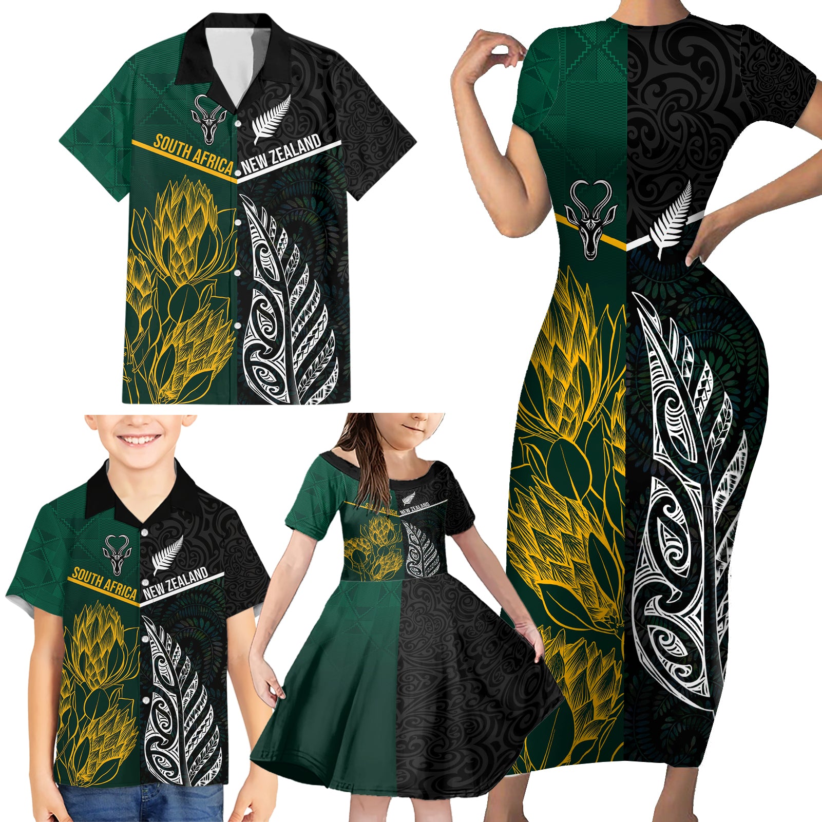 South Africa and New Zealand Family Matching Short Sleeve Bodycon Dress and Hawaiian Shirt King Protea and Silver Fern Mix Culture Pattern LT03 - Polynesian Pride