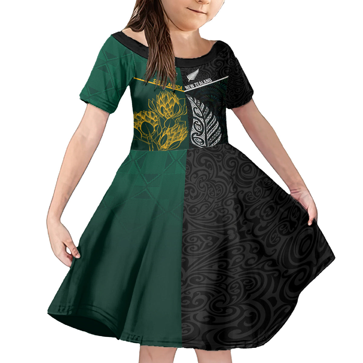 South Africa and New Zealand Kid Short Sleeve Dress King Protea and Silver Fern Mix Culture Pattern LT03 KID Black - Polynesian Pride