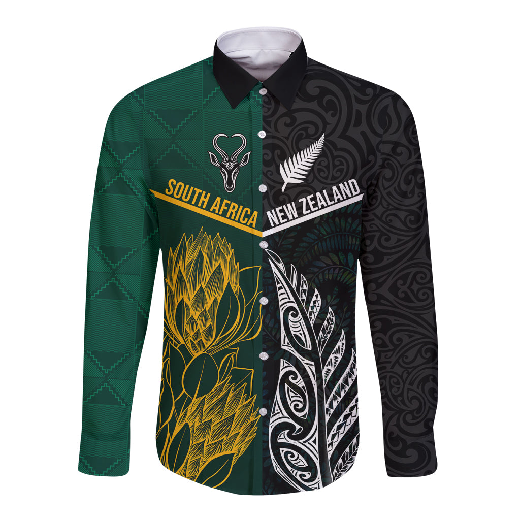 South Africa and New Zealand Long Sleeve Button Shirt King Protea and Silver Fern Mix Culture Pattern LT03 Unisex Black - Polynesian Pride