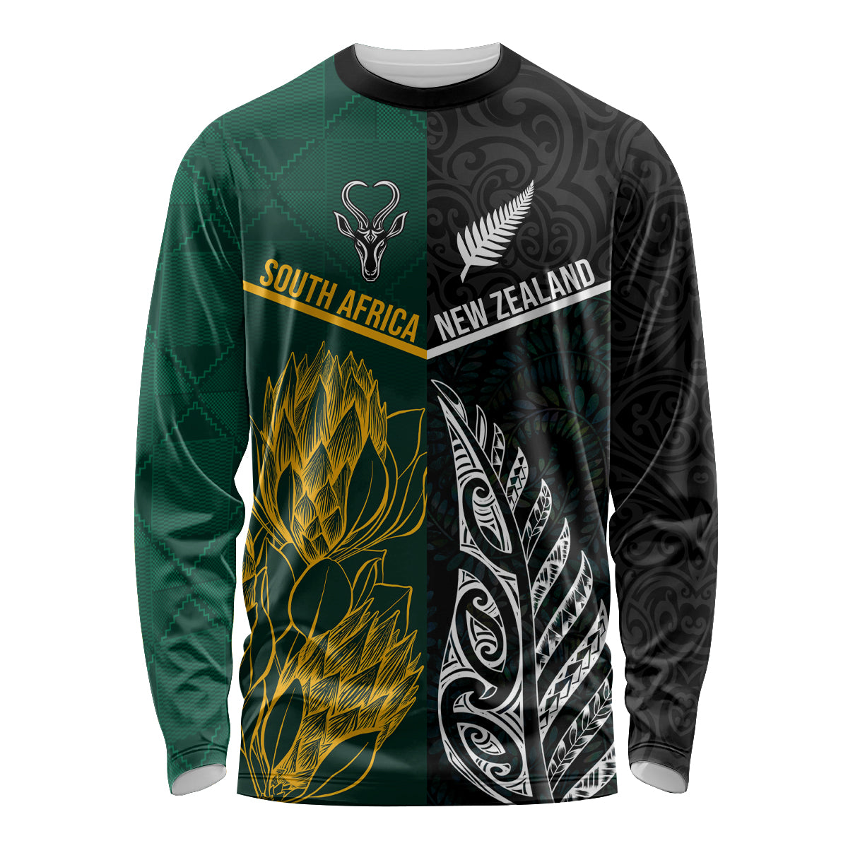 South Africa and New Zealand Long Sleeve Shirt King Protea and Silver Fern Mix Culture Pattern LT03 Unisex Black - Polynesian Pride