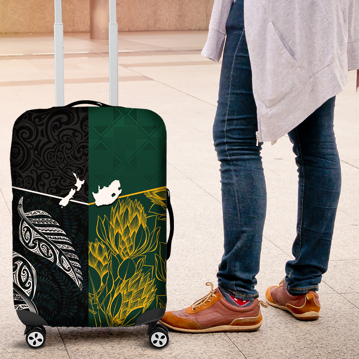 South Africa and New Zealand Luggage Cover King Protea and Silver Fern Mix Culture Pattern LT03 Black - Polynesian Pride