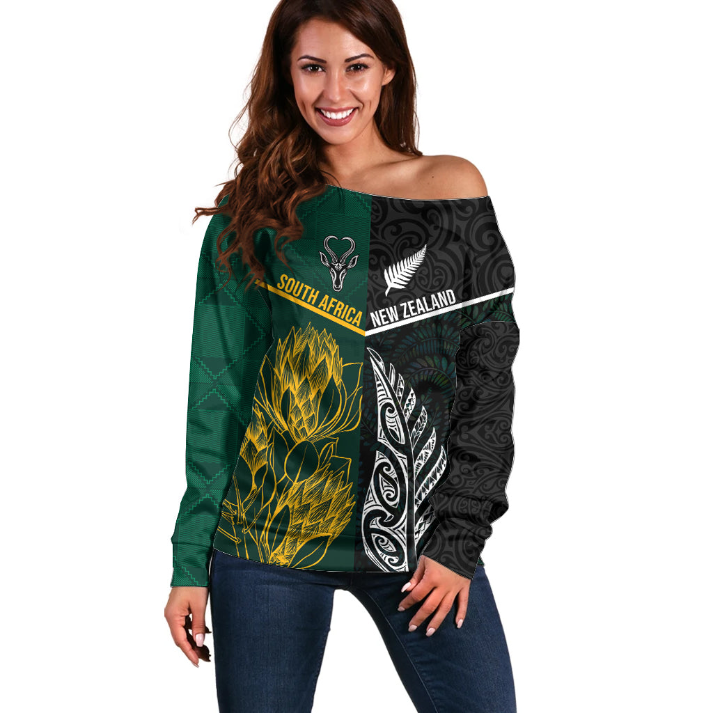 South Africa and New Zealand Off Shoulder Sweater King Protea and Silver Fern Mix Culture Pattern LT03 Women Black - Polynesian Pride