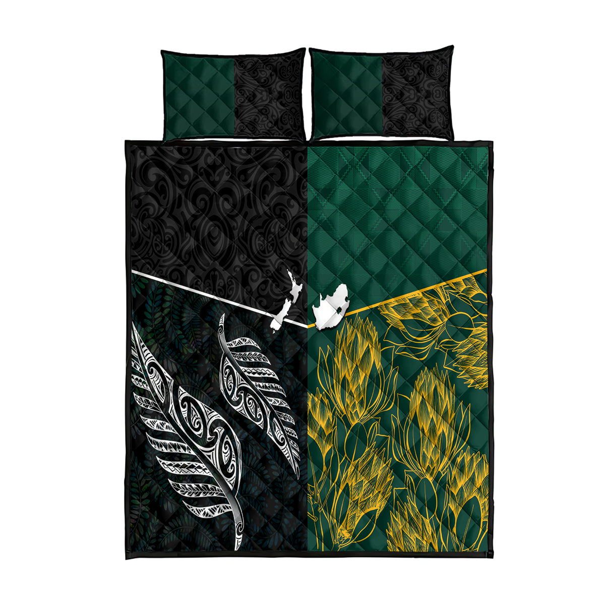 South Africa and New Zealand Quilt Bed Set King Protea and Silver Fern Mix Culture Pattern LT03 Black - Polynesian Pride