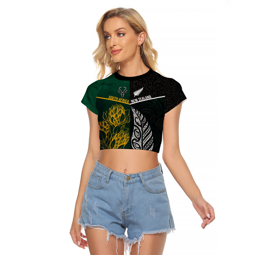 South Africa and New Zealand Raglan Cropped T Shirt King Protea and Silver Fern Mix Culture Pattern LT03 Female Black - Polynesian Pride