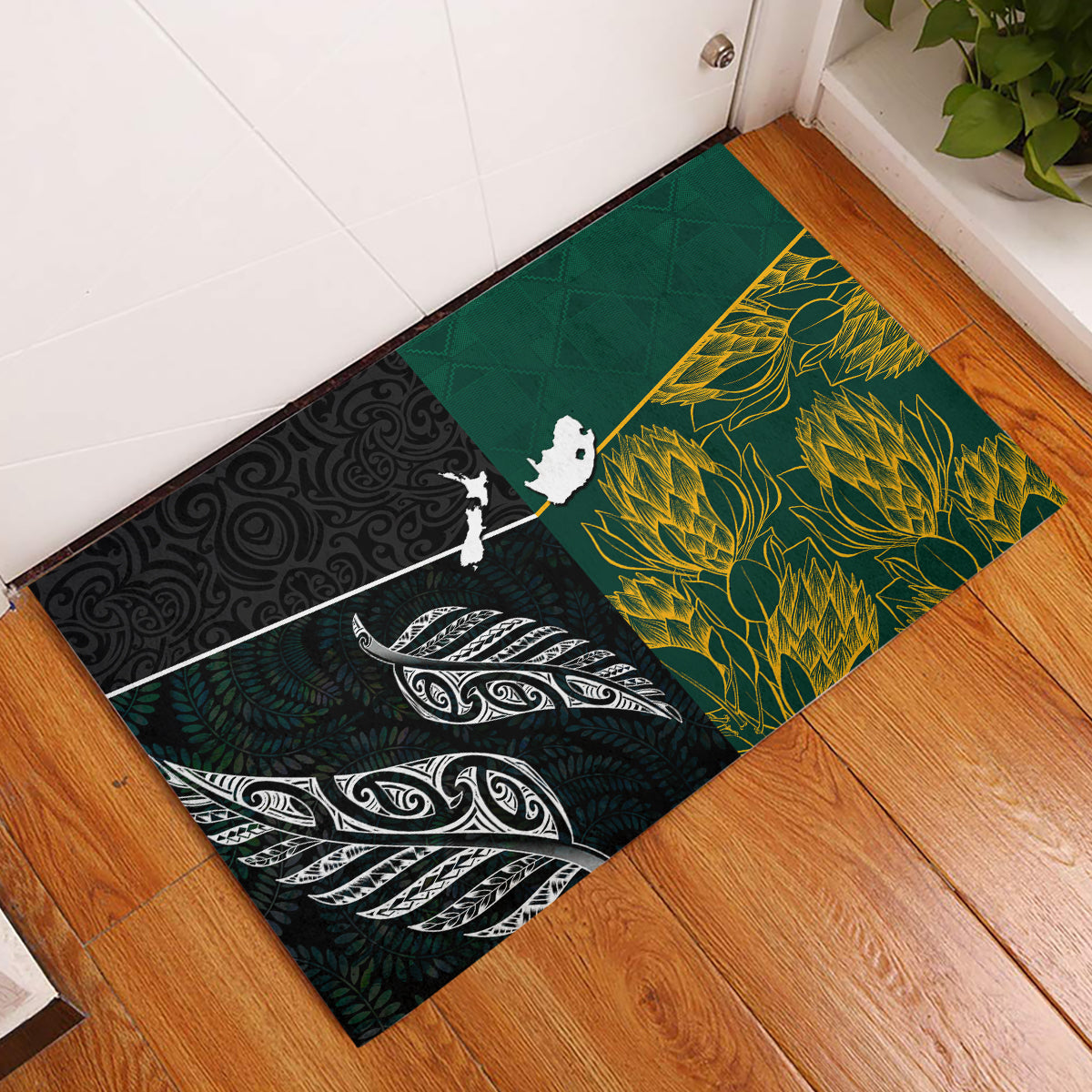 South Africa and New Zealand Rubber Doormat King Protea and Silver Fern Mix Culture Pattern LT03 Black - Polynesian Pride