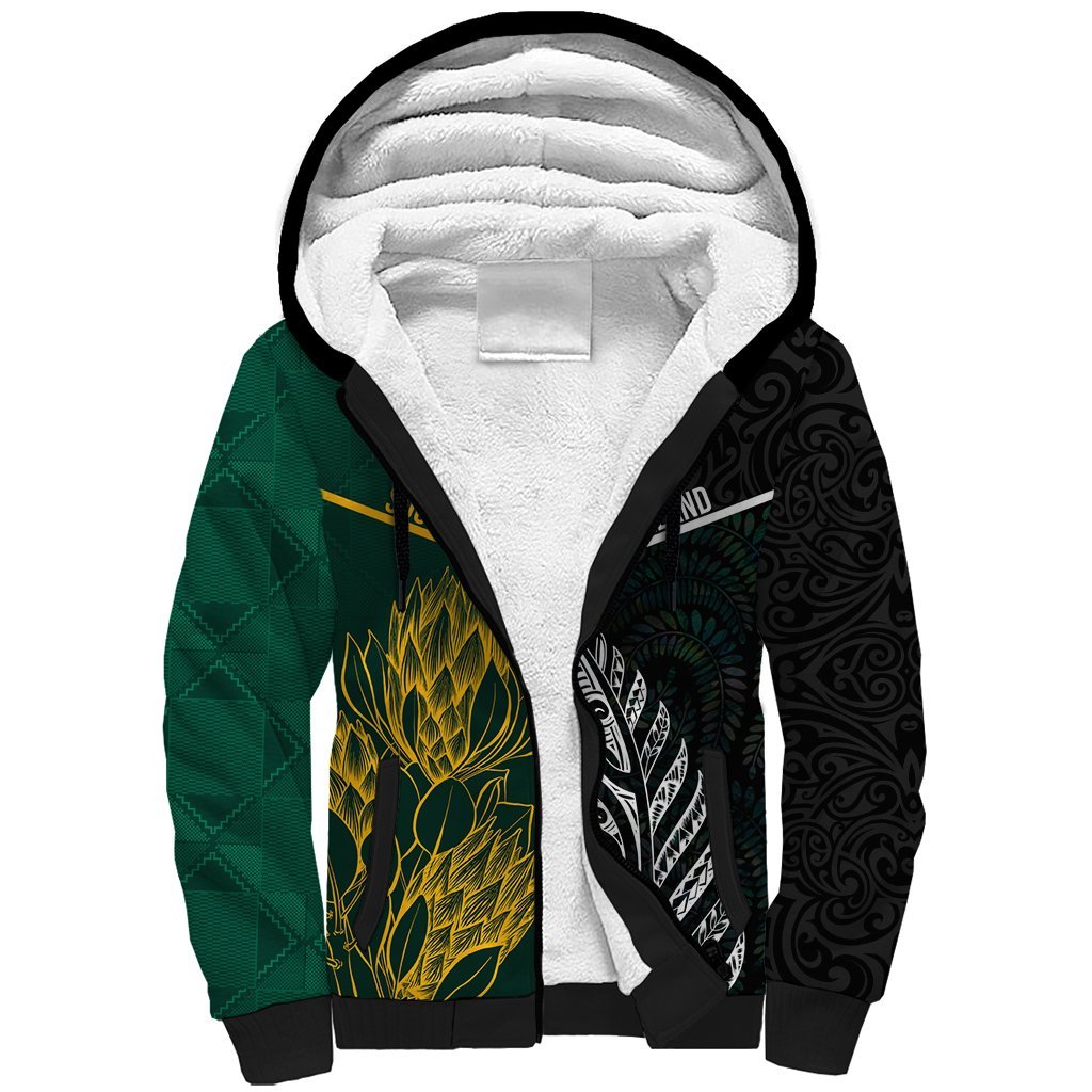 South Africa and New Zealand Sherpa Hoodie King Protea and Silver Fern Mix Culture Pattern LT03 Unisex Black - Polynesian Pride