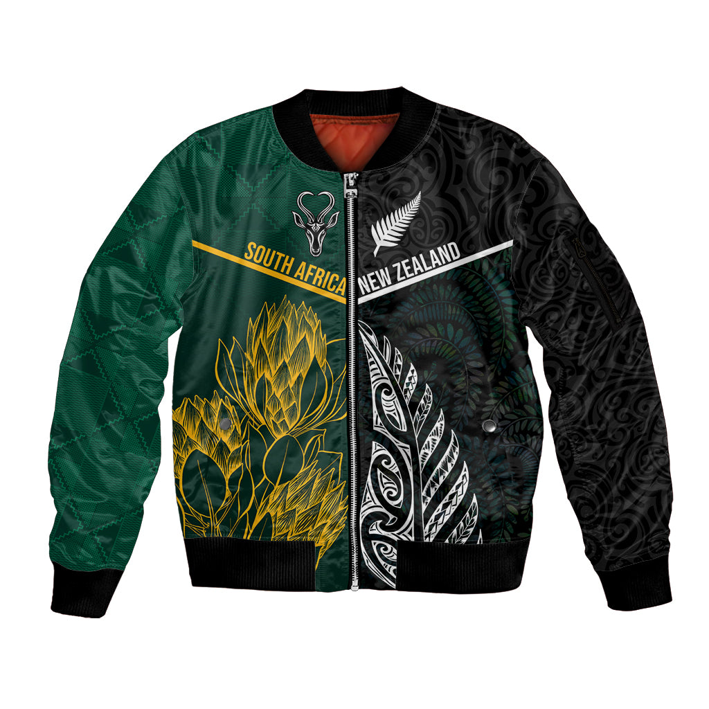 South Africa and New Zealand Sleeve Zip Bomber Jacket King Protea and Silver Fern Mix Culture Pattern LT03 Unisex Black - Polynesian Pride