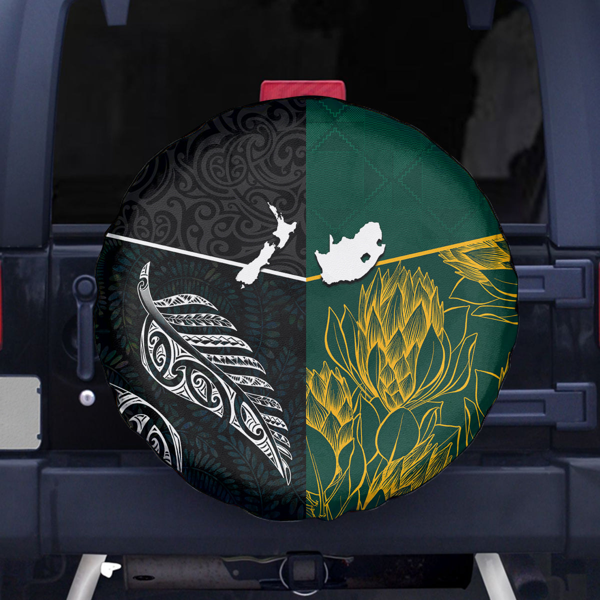 South Africa and New Zealand Spare Tire Cover King Protea and Silver Fern Mix Culture Pattern LT03 Black - Polynesian Pride