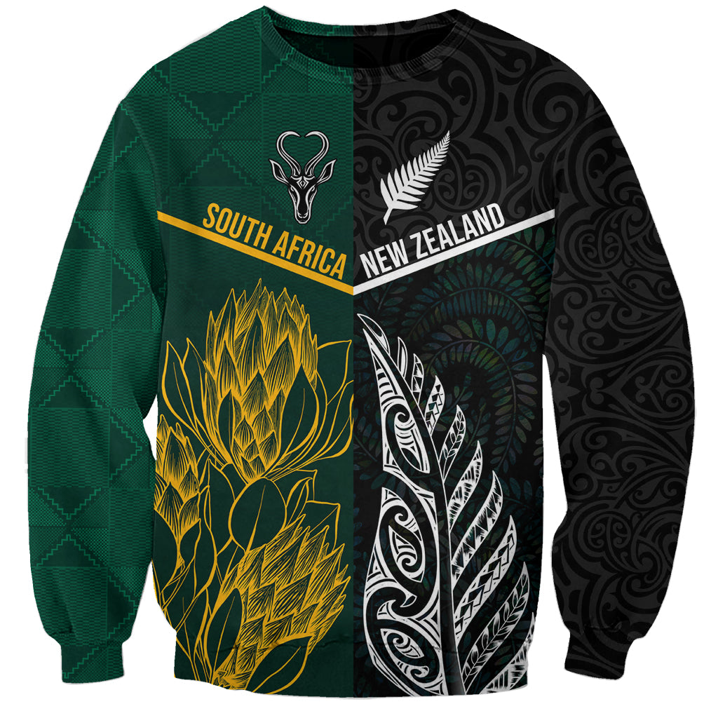 South Africa and New Zealand Sweatshirt King Protea and Silver Fern Mix Culture Pattern LT03 Unisex Black - Polynesian Pride