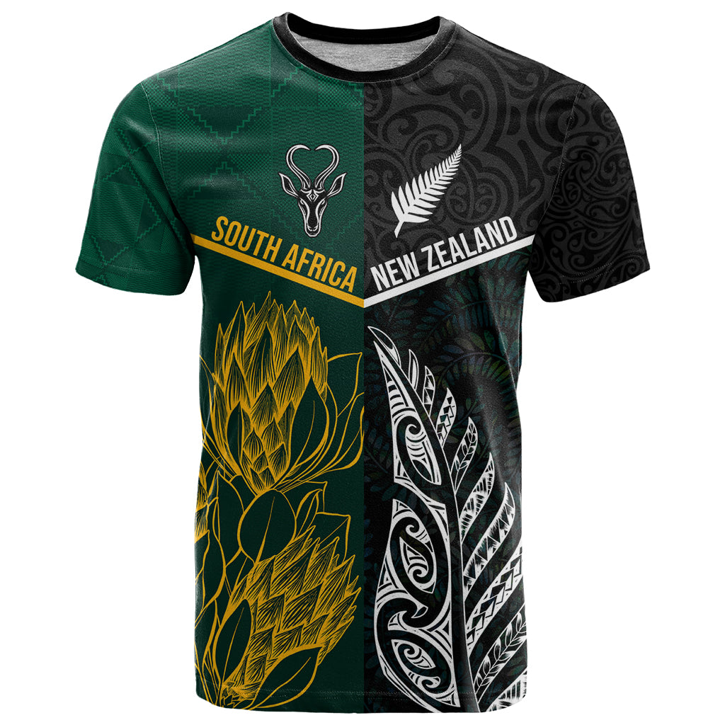 South Africa and New Zealand T Shirt King Protea and Silver Fern Mix Culture Pattern LT03 Black - Polynesian Pride