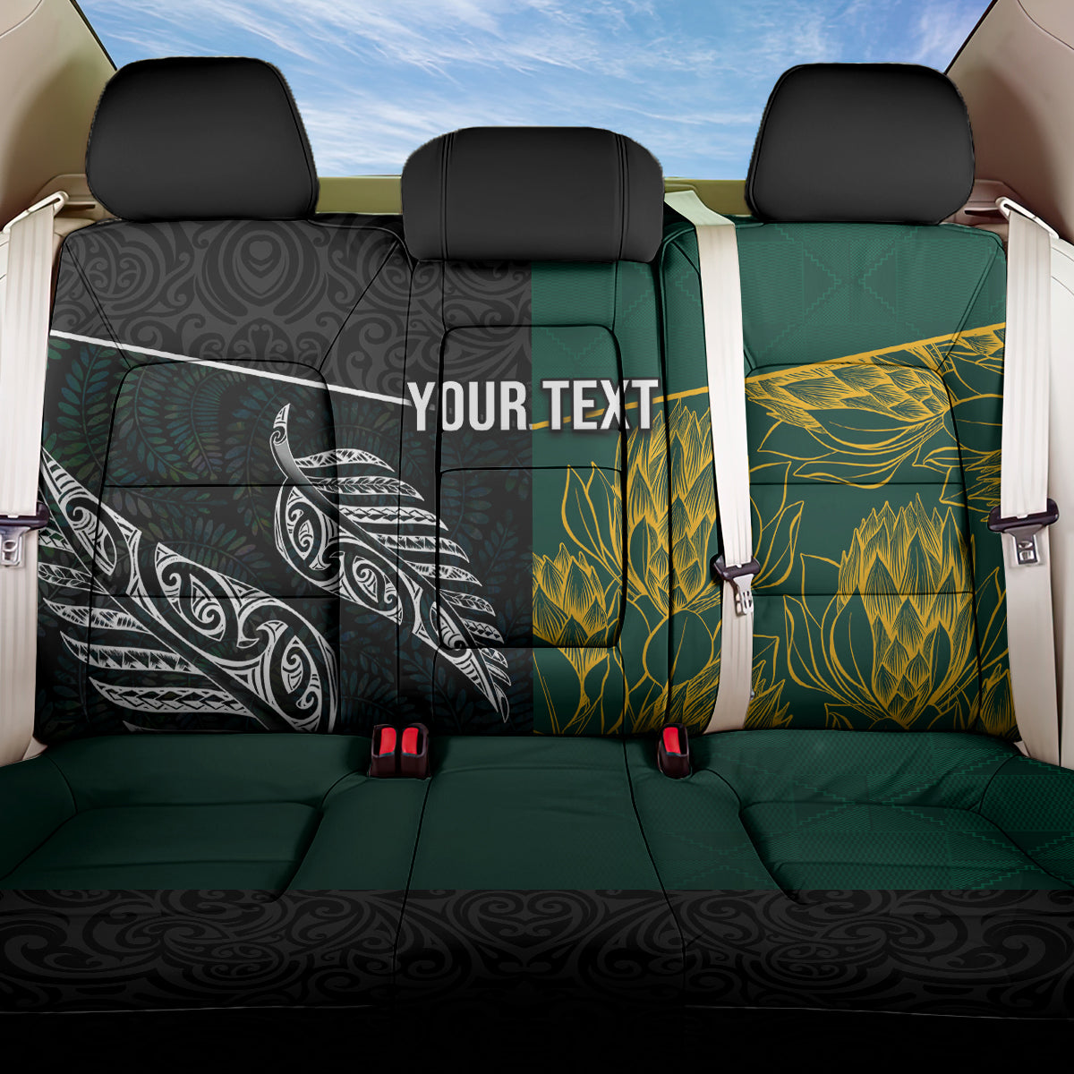 Personalised South Africa and New Zealand Back Car Seat Cover King Protea and Silver Fern Mix Culture Pattern