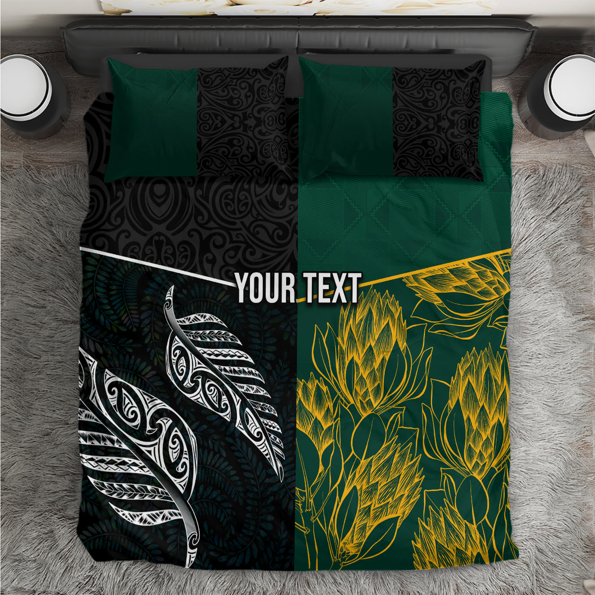 Personalised South Africa and New Zealand Bedding Set King Protea and Silver Fern Mix Culture Pattern LT03 Black - Polynesian Pride