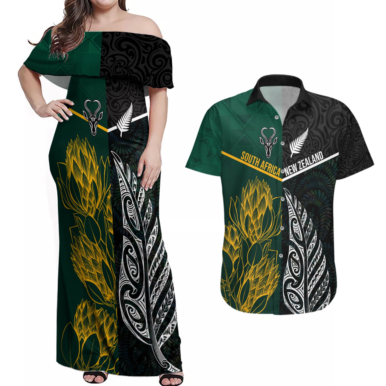 Personalised South Africa and New Zealand Couples Matching Off Shoulder Maxi Dress and Hawaiian Shirt King Protea and Silver Fern Mix Culture Pattern LT03 Black - Polynesian Pride