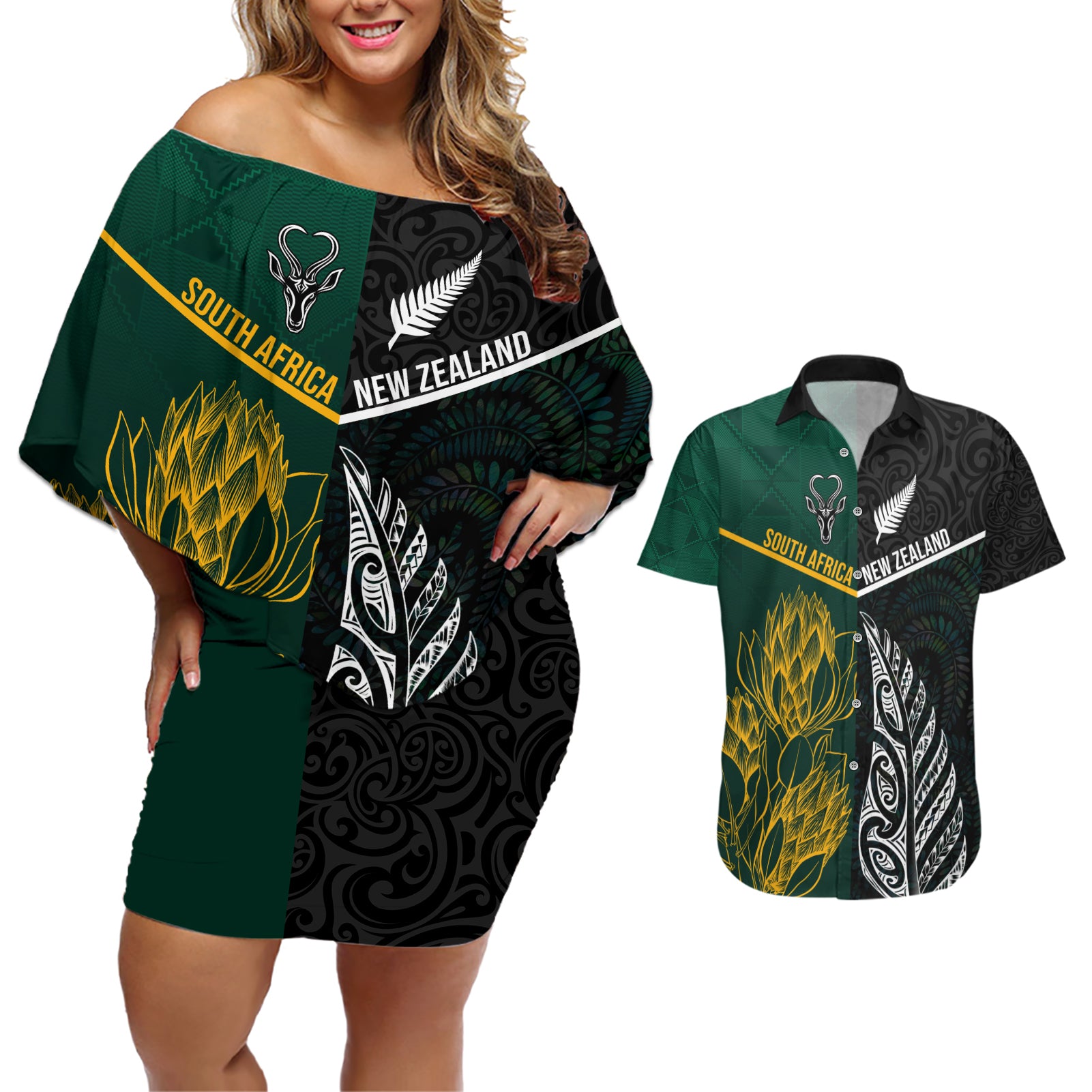 Personalised South Africa and New Zealand Couples Matching Off Shoulder Short Dress and Hawaiian Shirt King Protea and Silver Fern Mix Culture Pattern LT03 Black - Polynesian Pride