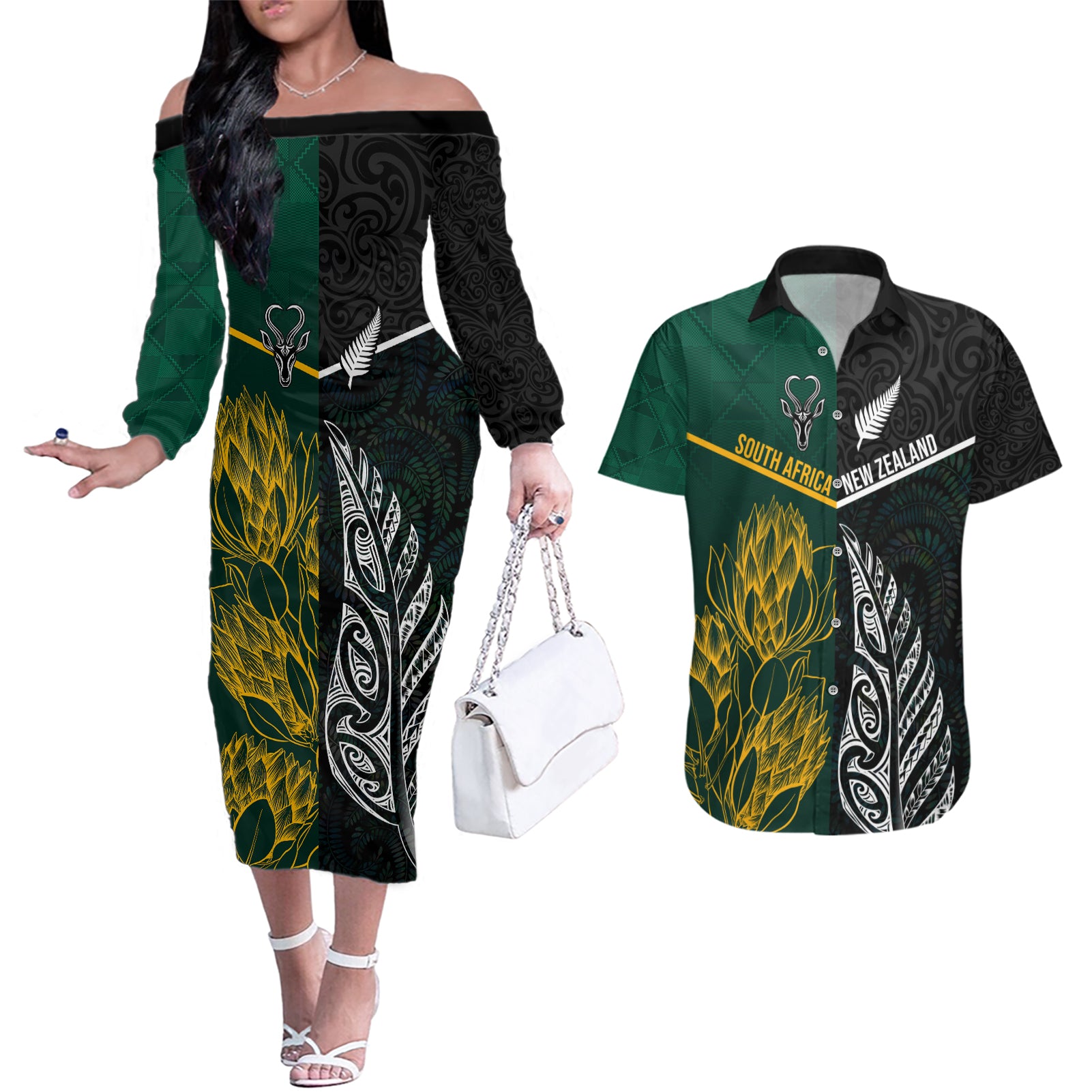 Personalised South Africa and New Zealand Couples Matching Off The Shoulder Long Sleeve Dress and Hawaiian Shirt King Protea and Silver Fern Mix Culture Pattern LT03 Black - Polynesian Pride