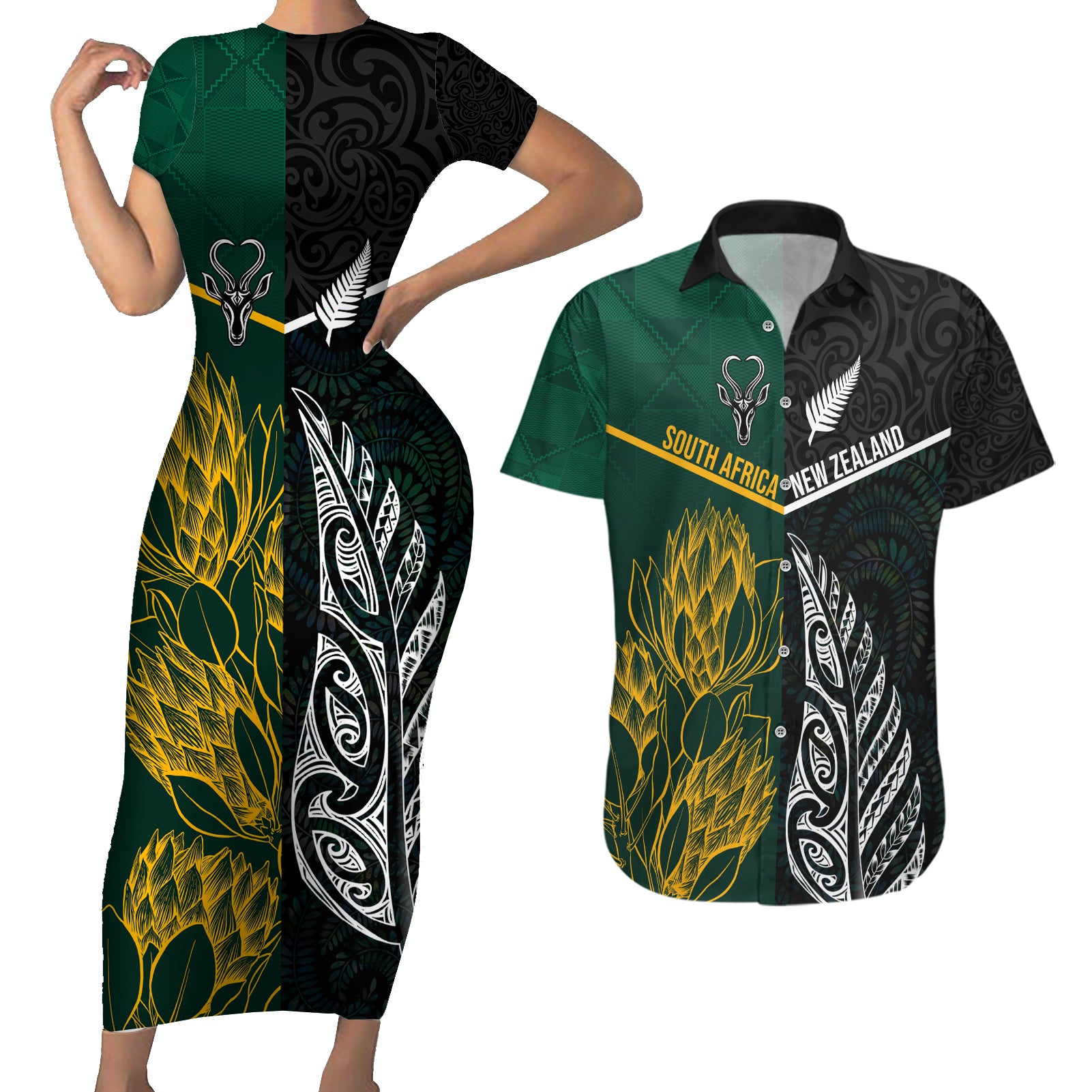 Personalised South Africa and New Zealand Couples Matching Short Sleeve Bodycon Dress and Hawaiian Shirt King Protea and Silver Fern Mix Culture Pattern LT03 Black - Polynesian Pride