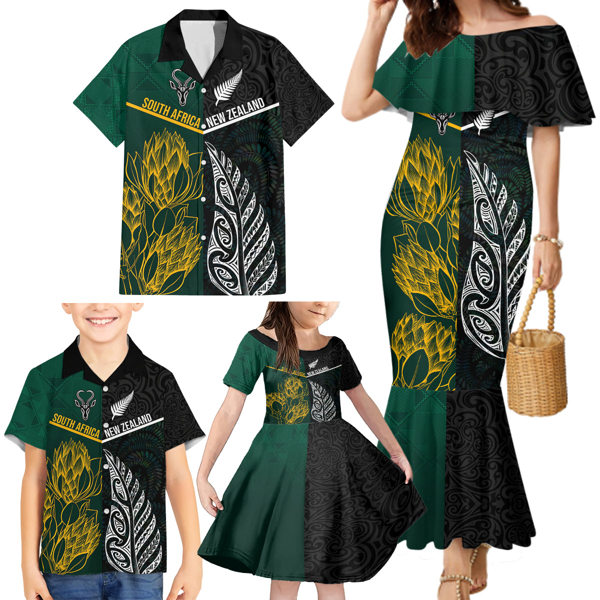 Personalised South Africa and New Zealand Family Matching Mermaid Dress and Hawaiian Shirt King Protea and Silver Fern Mix Culture Pattern LT03 - Polynesian Pride