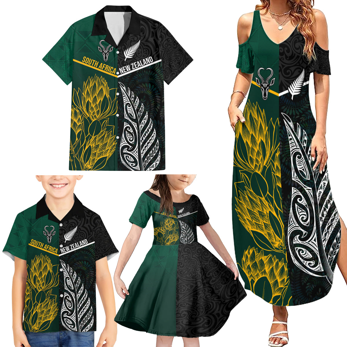 Personalised South Africa and New Zealand Family Matching Summer Maxi Dress and Hawaiian Shirt King Protea and Silver Fern Mix Culture Pattern LT03 - Polynesian Pride