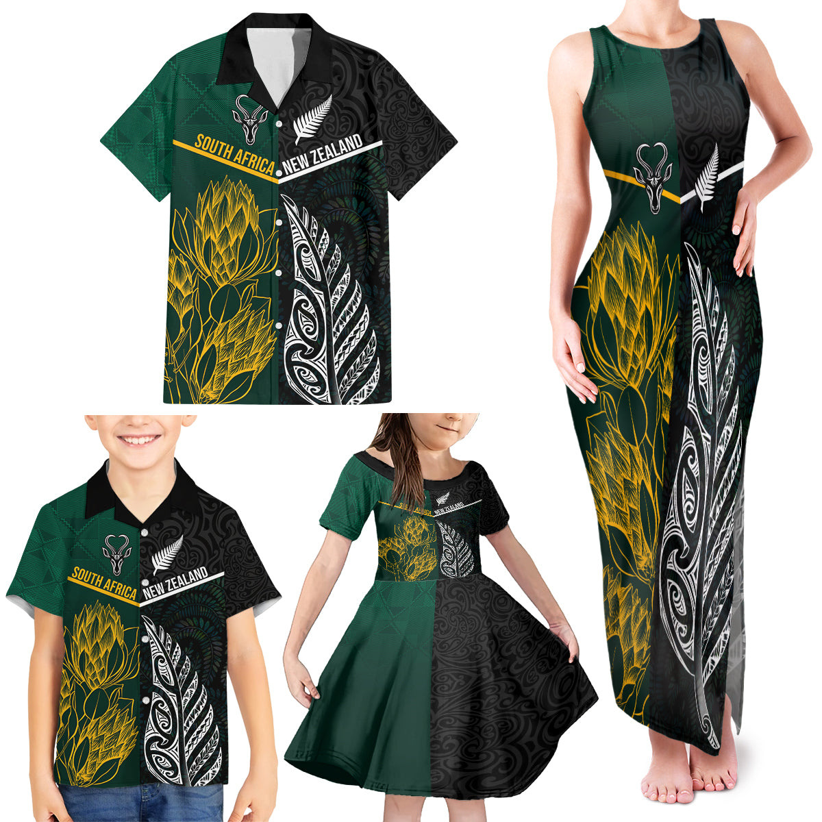 Personalised South Africa and New Zealand Family Matching Tank Maxi Dress and Hawaiian Shirt King Protea and Silver Fern Mix Culture Pattern LT03 - Polynesian Pride