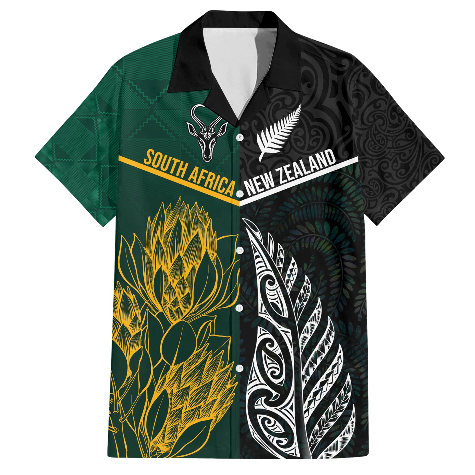 Personalised South Africa and New Zealand Hawaiian Shirt King Protea and Silver Fern Mix Culture Pattern LT03 Black - Polynesian Pride