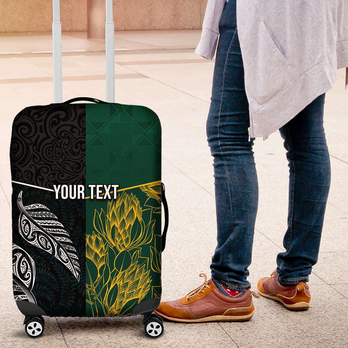 Personalised South Africa and New Zealand Luggage Cover King Protea and Silver Fern Mix Culture Pattern LT03 Black - Polynesian Pride