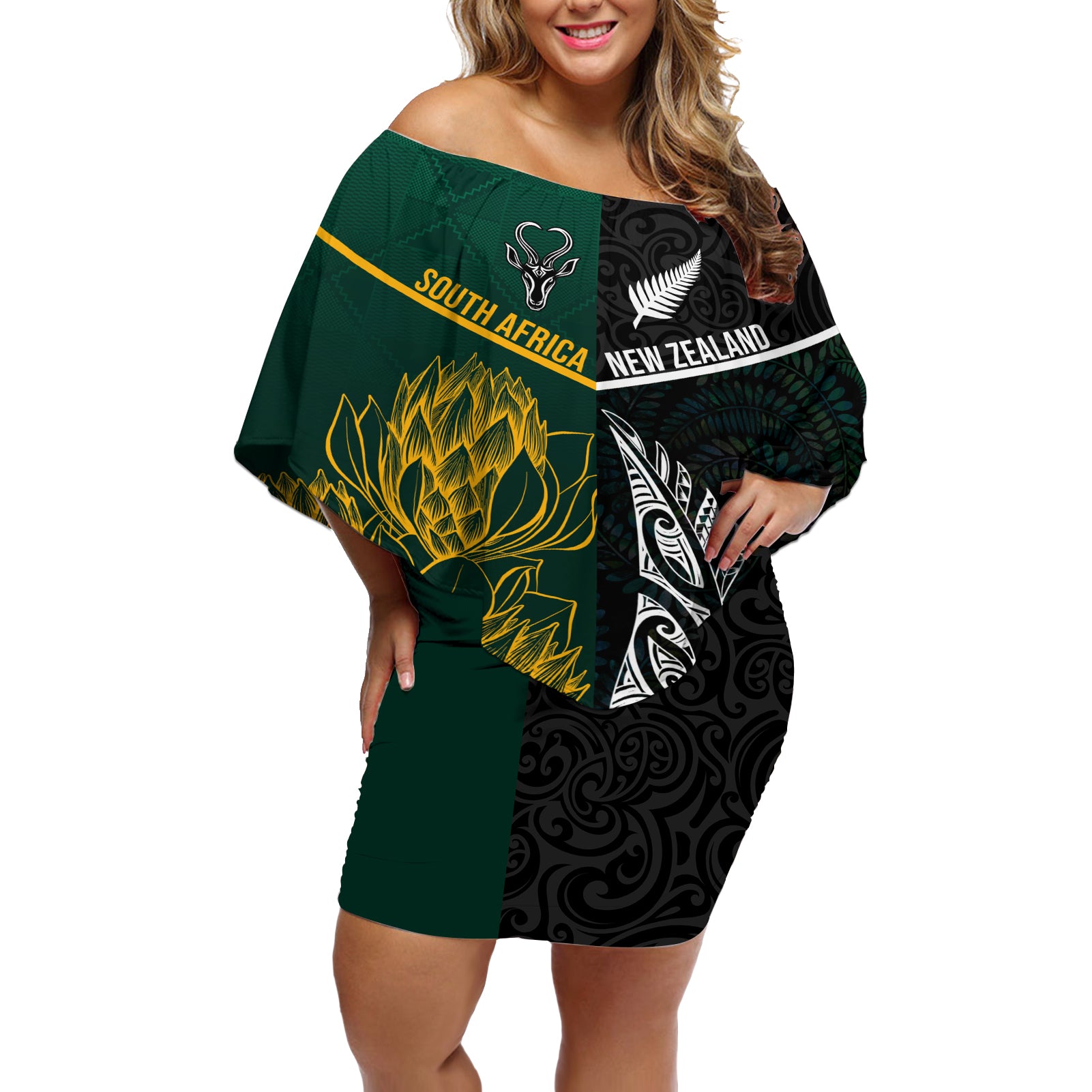 Personalised South Africa and New Zealand Off Shoulder Short Dress King Protea and Silver Fern Mix Culture Pattern LT03 Women Black - Polynesian Pride