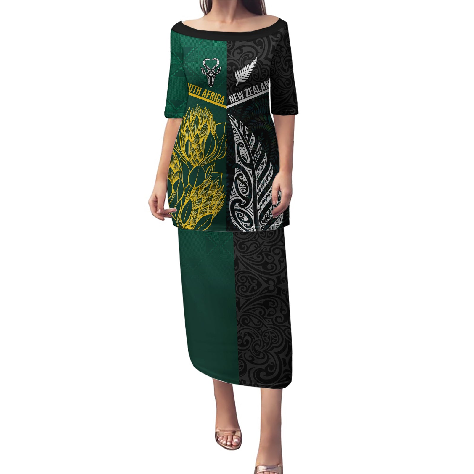 Personalised South Africa and New Zealand Puletasi King Protea and Silver Fern Mix Culture Pattern LT03 Long Dress Black - Polynesian Pride