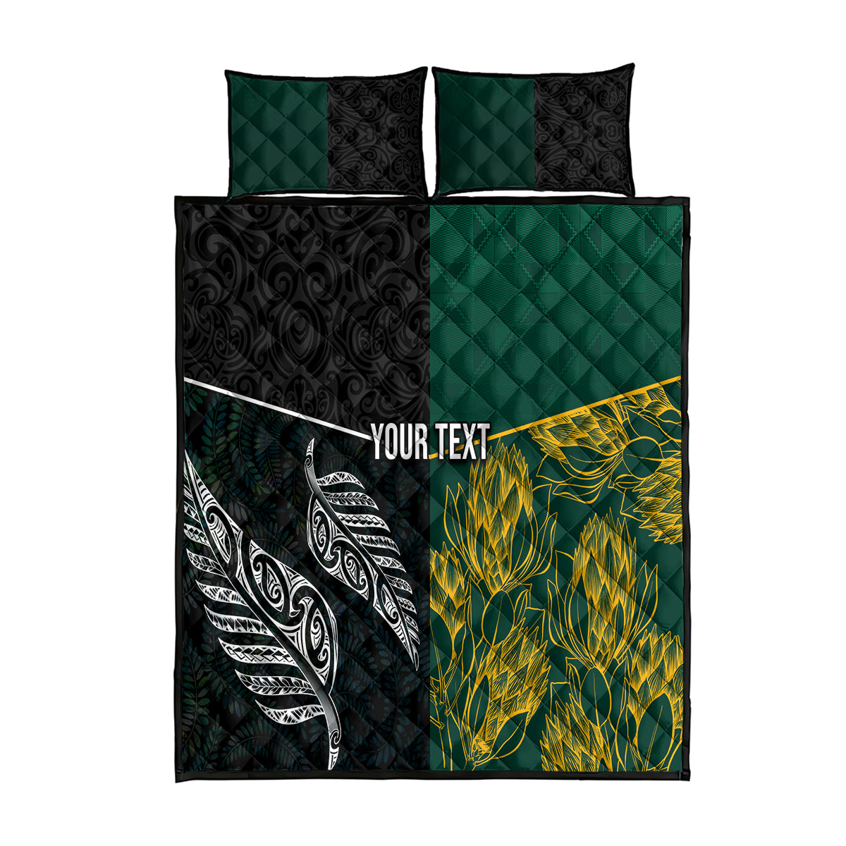 Personalised South Africa and New Zealand Quilt Bed Set King Protea and Silver Fern Mix Culture Pattern LT03 Black - Polynesian Pride