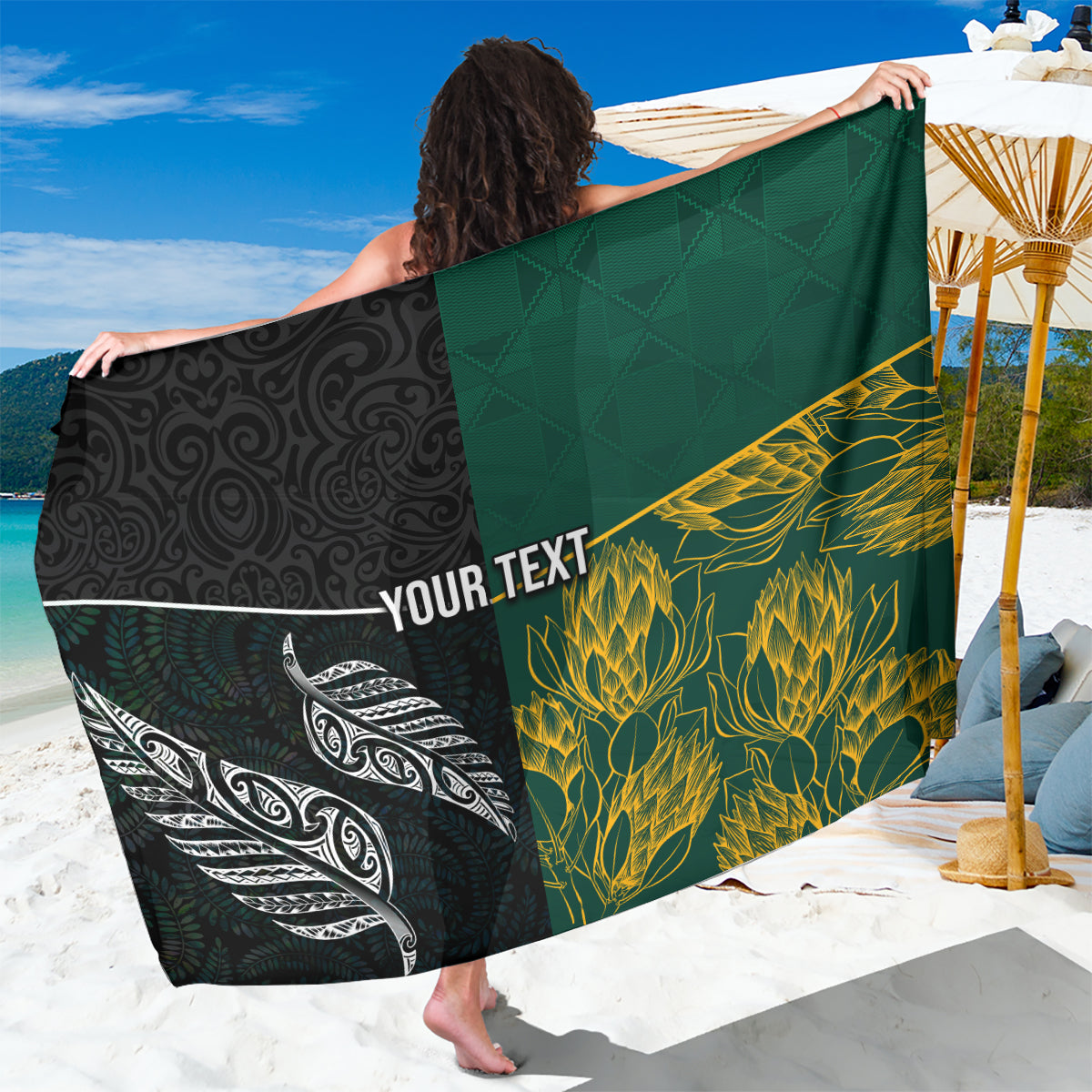 Personalised South Africa and New Zealand Sarong King Protea and Silver Fern Mix Culture Pattern LT03 One Size 44 x 66 inches Black - Polynesian Pride