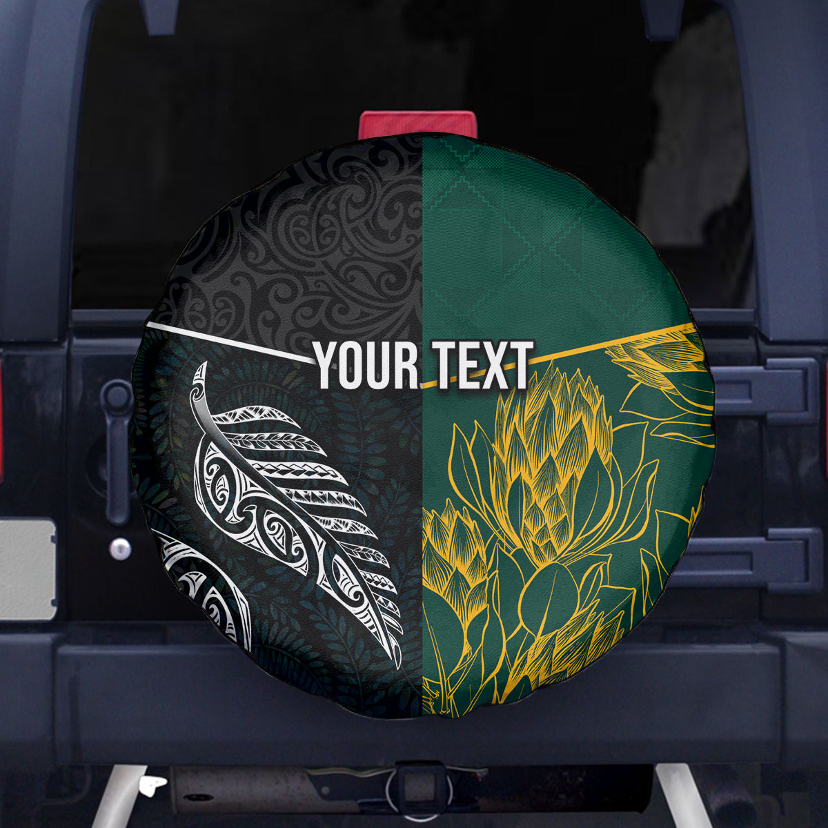 Personalised South Africa and New Zealand Spare Tire Cover King Protea and Silver Fern Mix Culture Pattern LT03 Black - Polynesian Pride