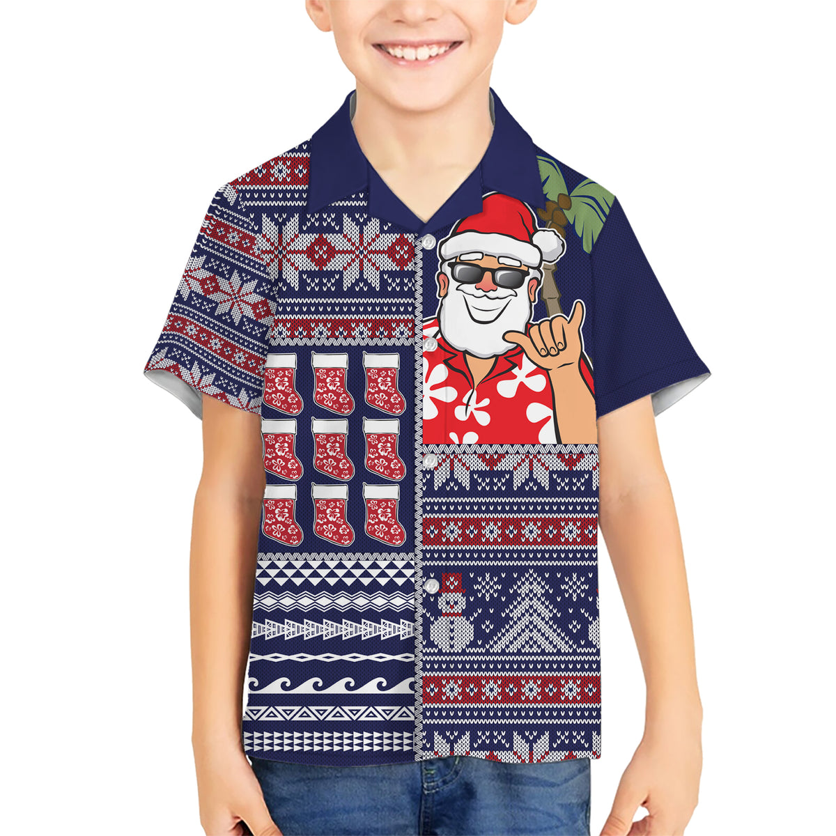 Hawaii Mele Kalikimaka Kid Hawaiian Shirt Aloha and Christmas Elements Patchwork Blue Style LT03 Kid Blue - Polynesian Pride