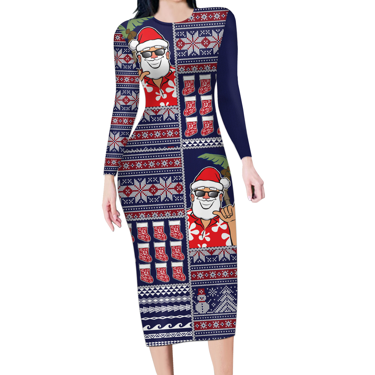 Hawaii Mele Kalikimaka Long Sleeve Bodycon Dress Aloha and Christmas Elements Patchwork Blue Style LT03 Long Dress Blue - Polynesian Pride