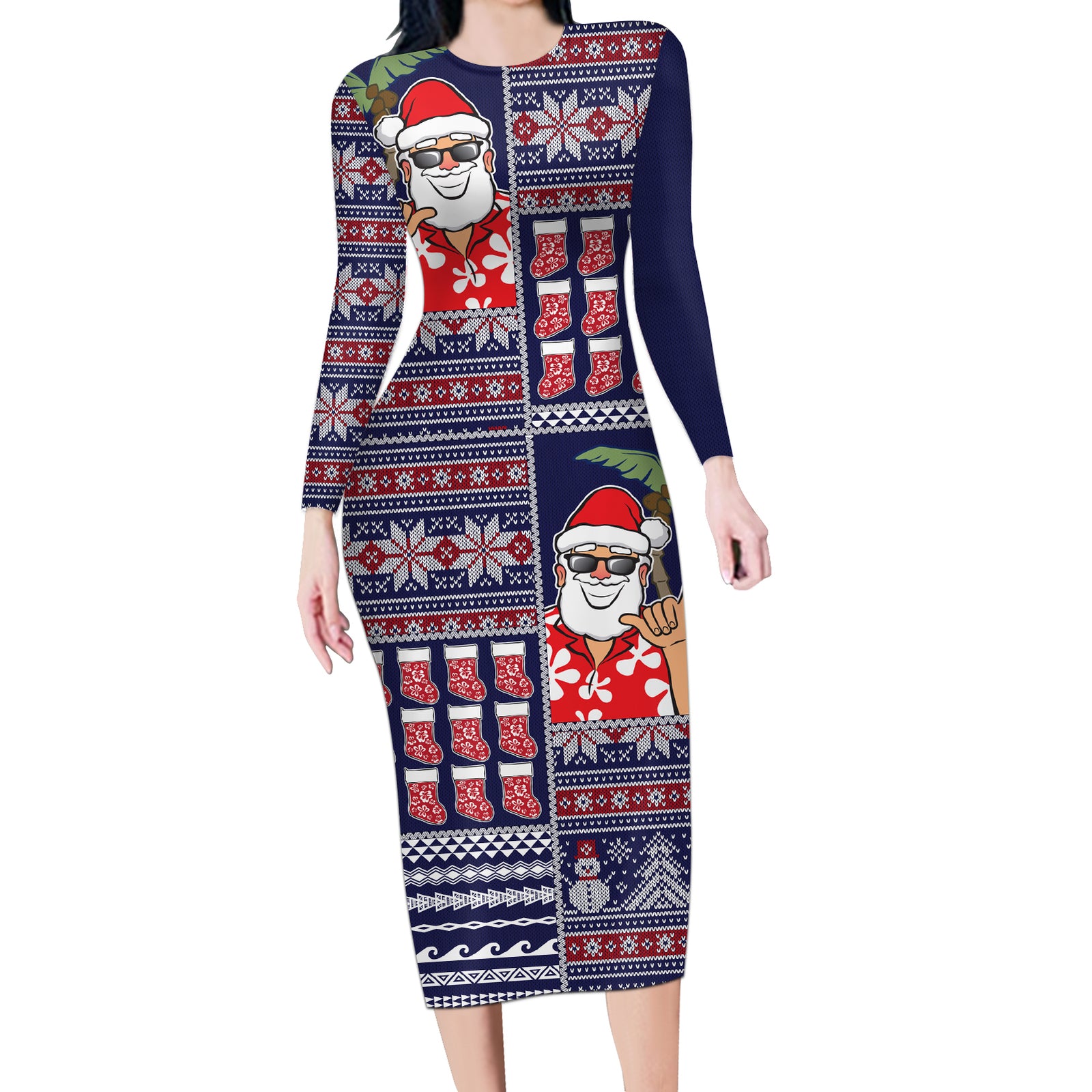 Hawaii Mele Kalikimaka Long Sleeve Bodycon Dress Aloha and Christmas Elements Patchwork Blue Style LT03 Long Dress Blue - Polynesian Pride